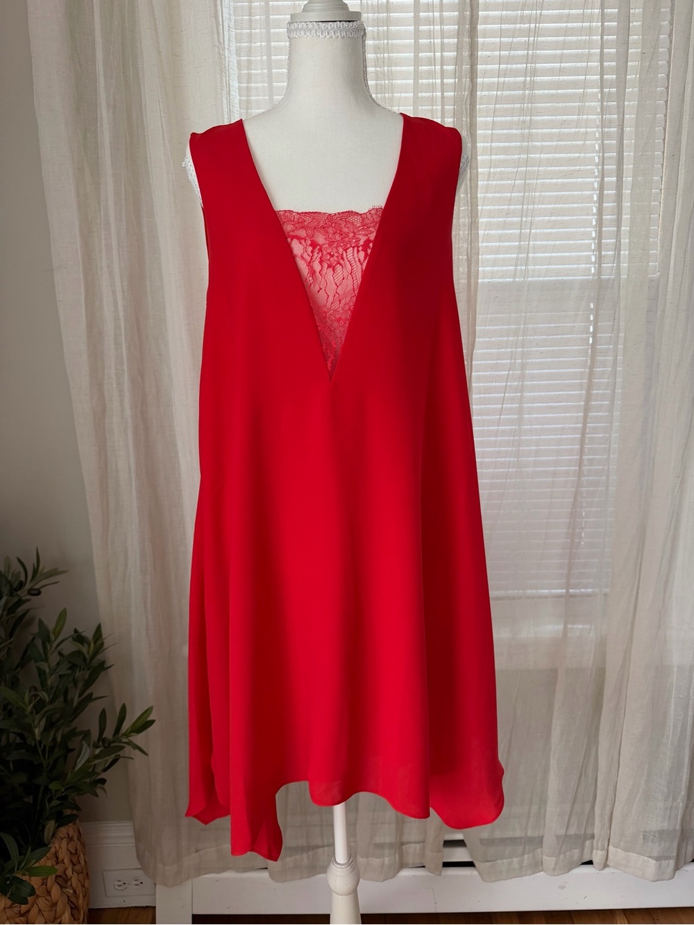 BCBGMaxAzria Red Lace-Trim V-Neck Mini Dress - Picture 2 of 13